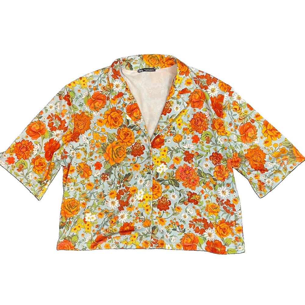 Zara Bright Floral Collared Button-Up Boxy Short Sleeve Woven Blouse Size M